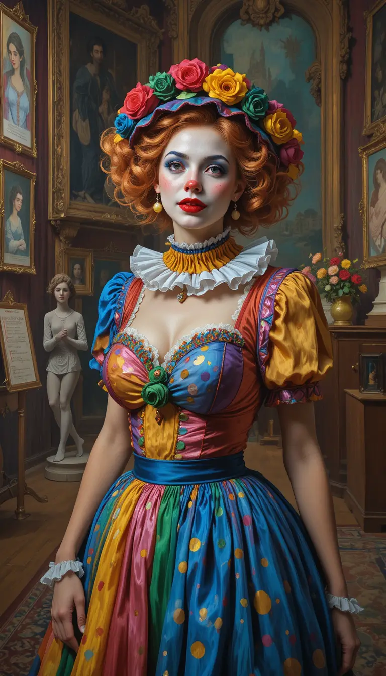 Playful female clown in colorful costume inside a grand museum
