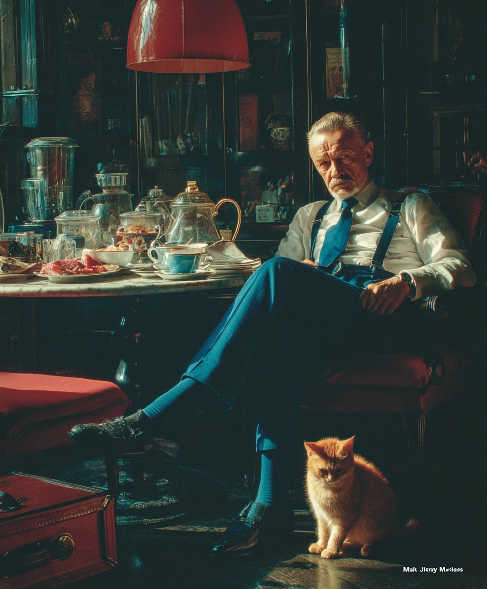 Airline pilot having breakfast with playful red kitten