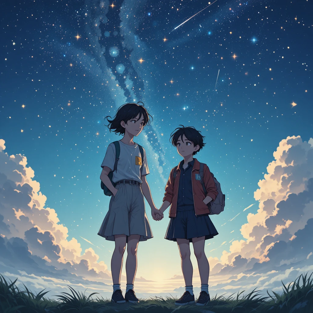 Studenti anime sotto un cielo stellato con meteore cadenti