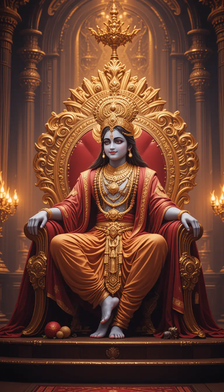 Krishna seated as king of Dwarka on a golden throne