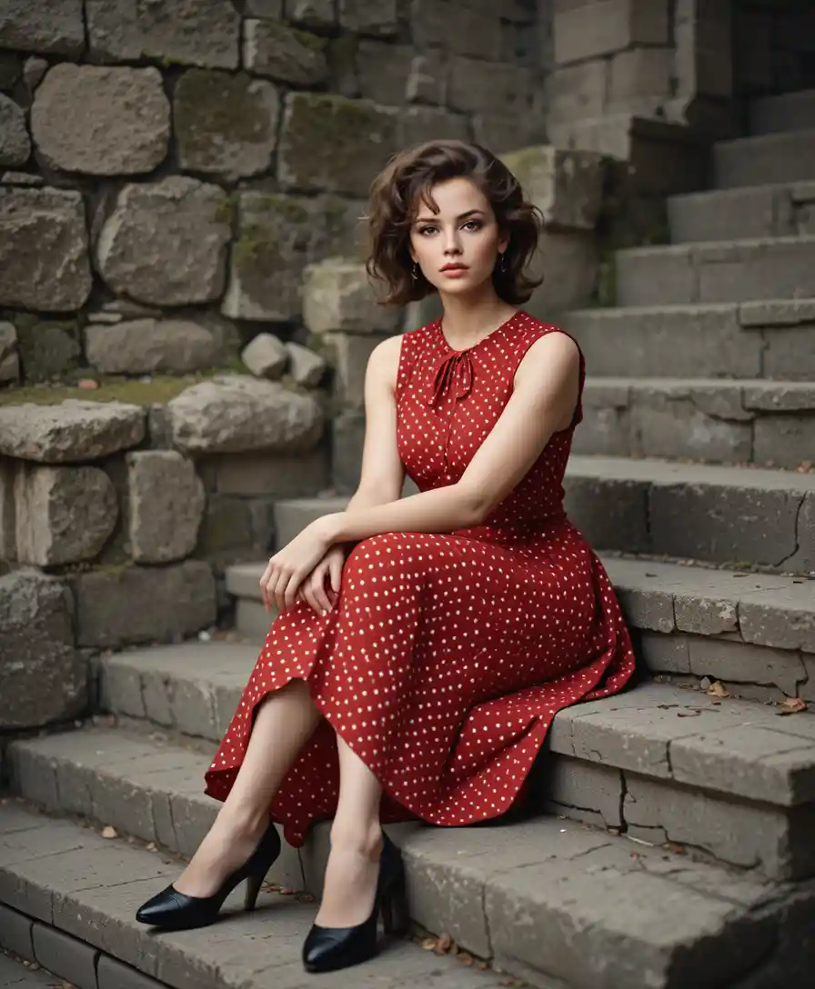 Elegant woman in red dress on mossy stone steps