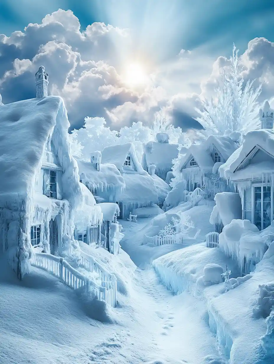 Ciudad Suburbana Onírica de Nieve y Hielo bajo un Sol Suave