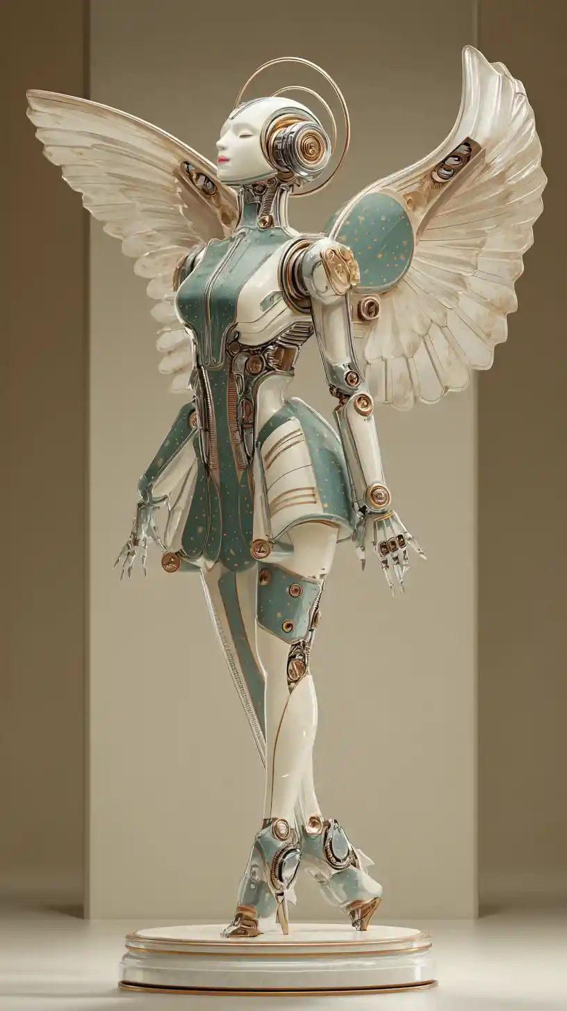 Statue d’ange mécanique aux ailes déployées dans une lumière céleste