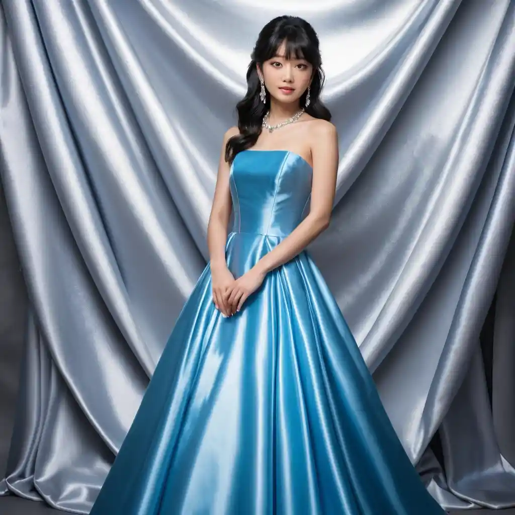 Elegant Japanese woman in vivid blue satin gown