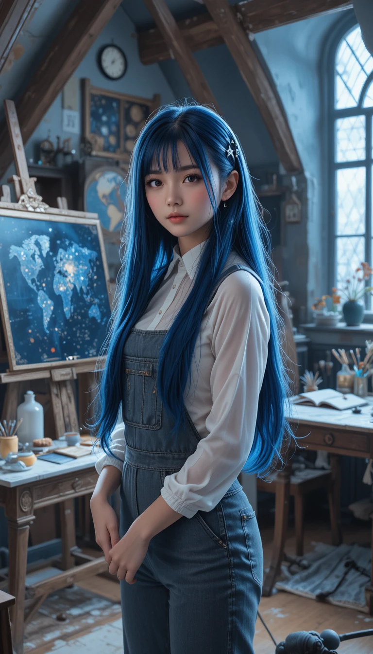 Anime girl painting in a moonlit attic artist studio