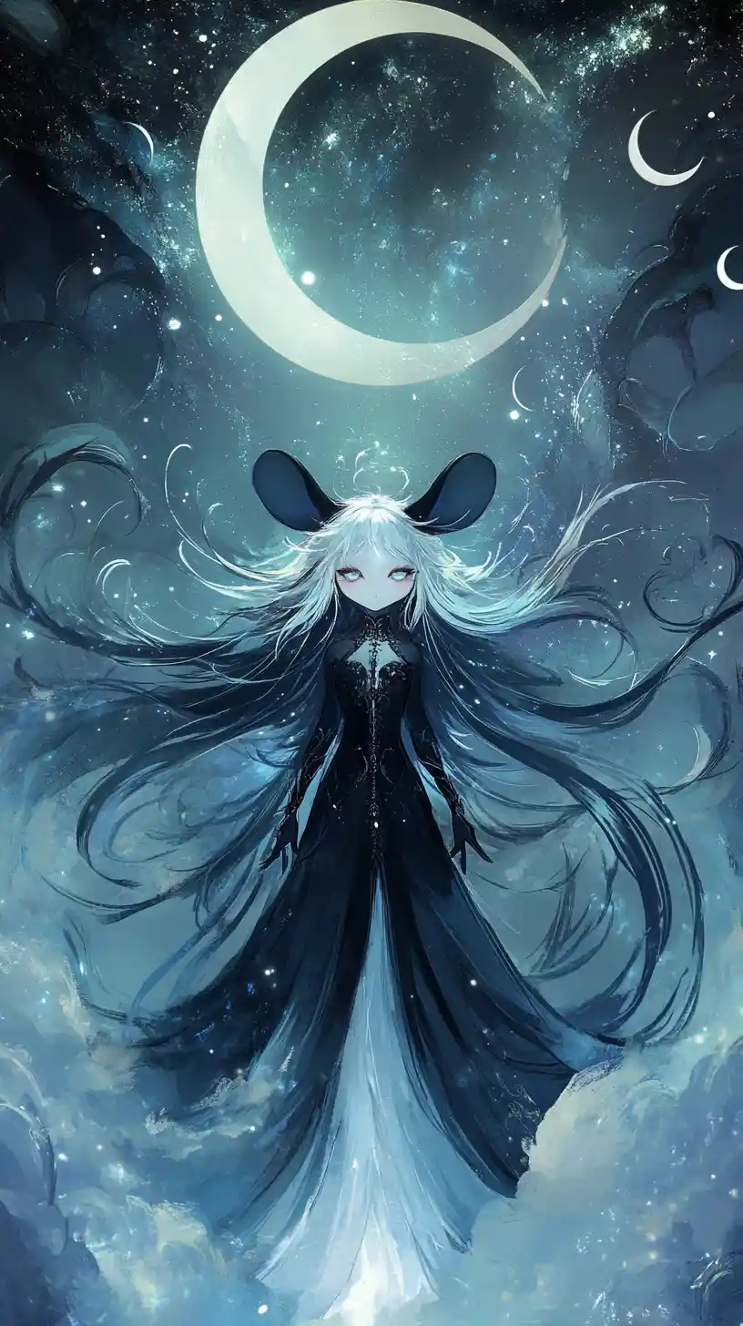 Adorable petite souris gothique fantastique dans une scène nocturne céleste