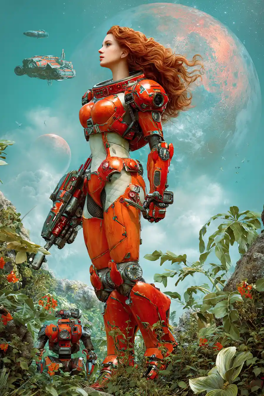 Futuristic space woman with ray gun on alien jungle world