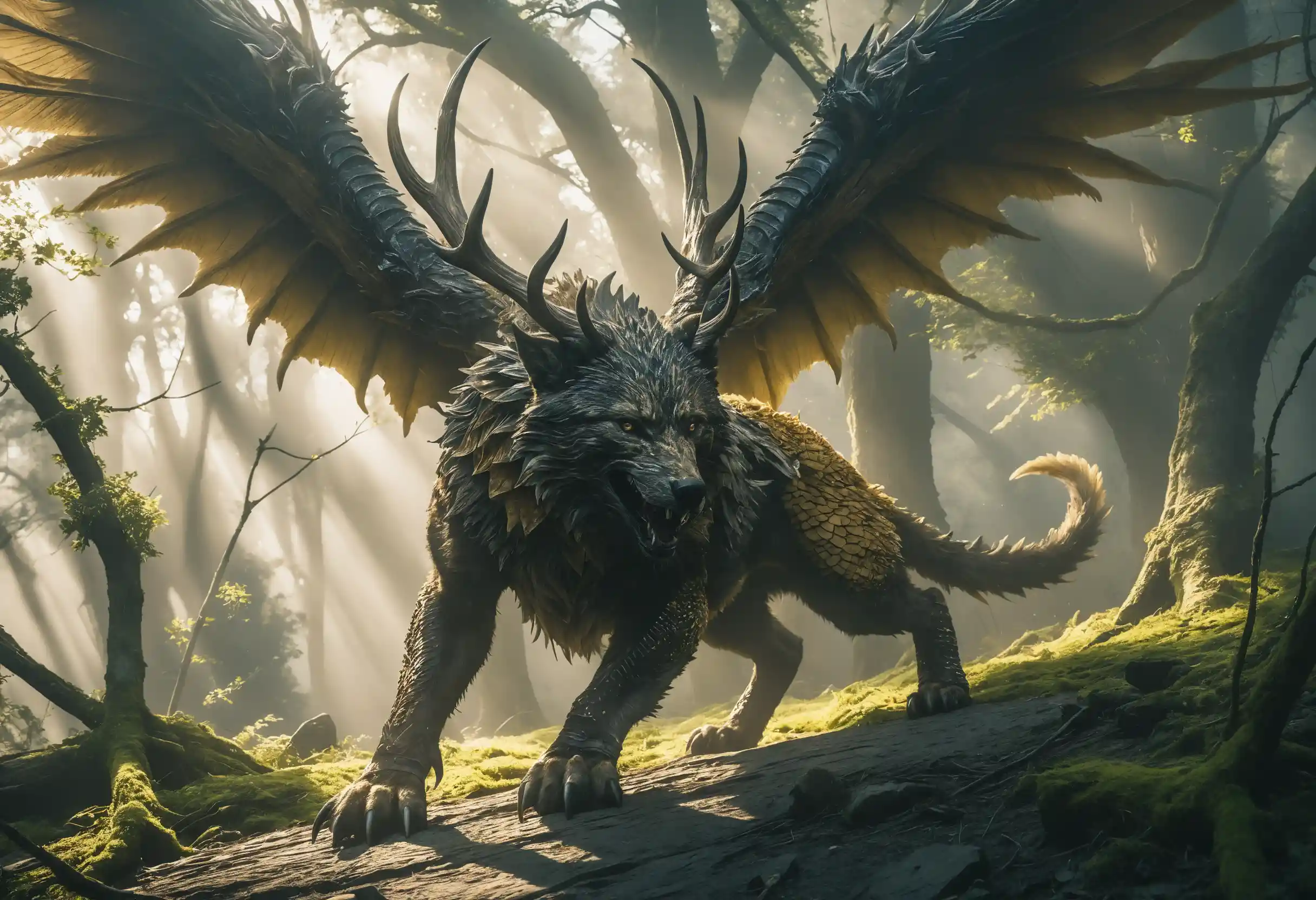 Ominous chimera with antlers and wings in moonlit darkness