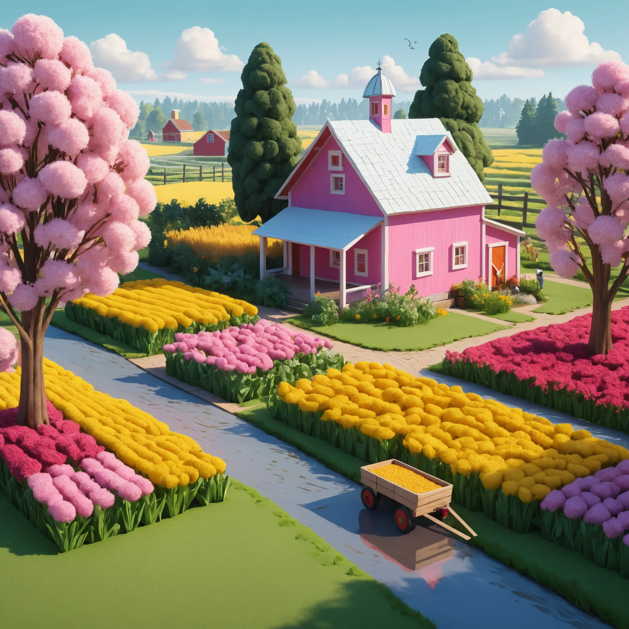 Isometric cartoon farm with flower fields and barn