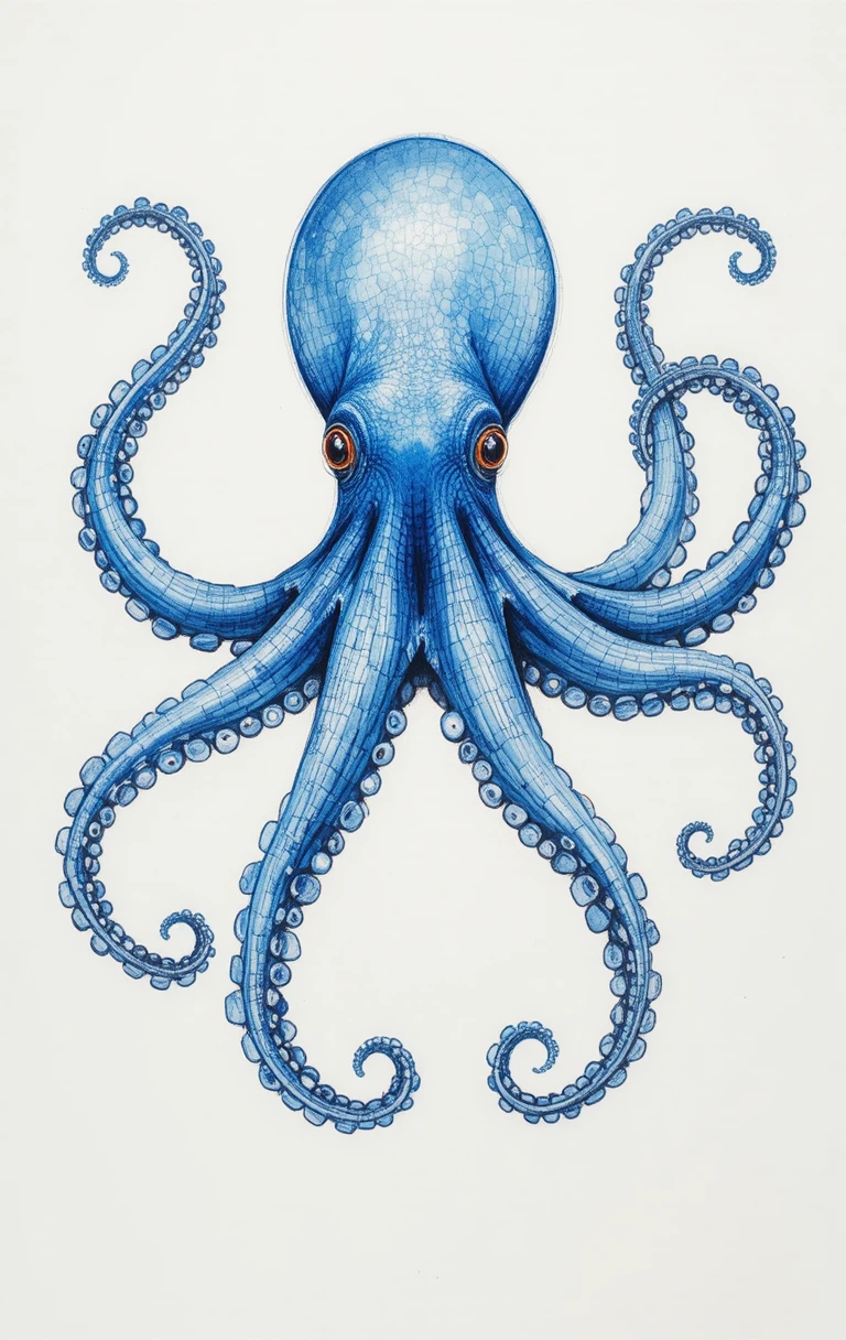 Blauer Aquarell-Oktopus mit fließend geschwungenen Tentakeln