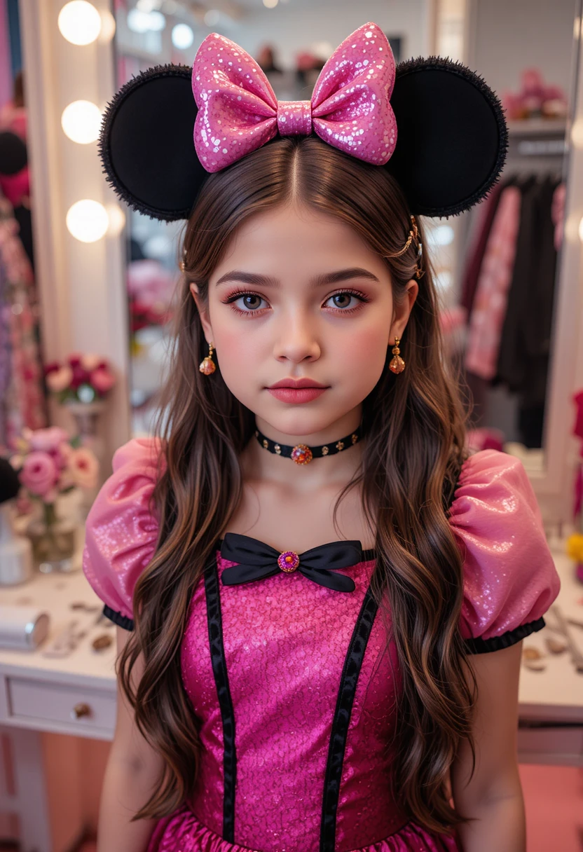 Chico preadolescente con conjunto inspirado en Minnie en tocador de boutique