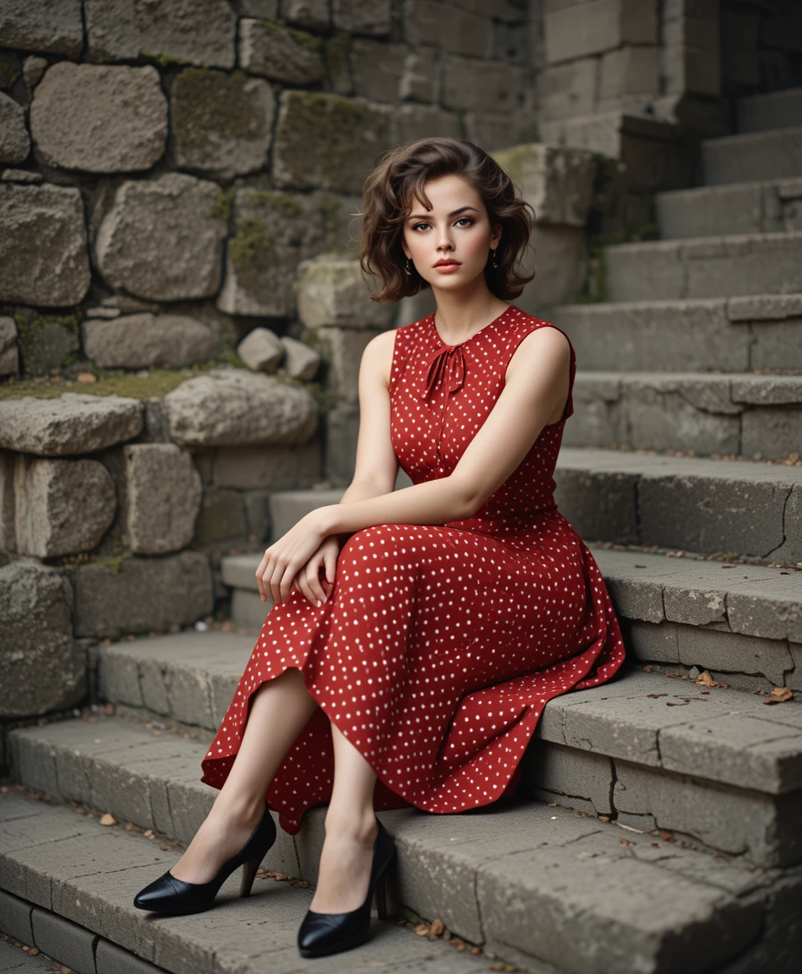 Elegant woman in red dress on mossy stone steps