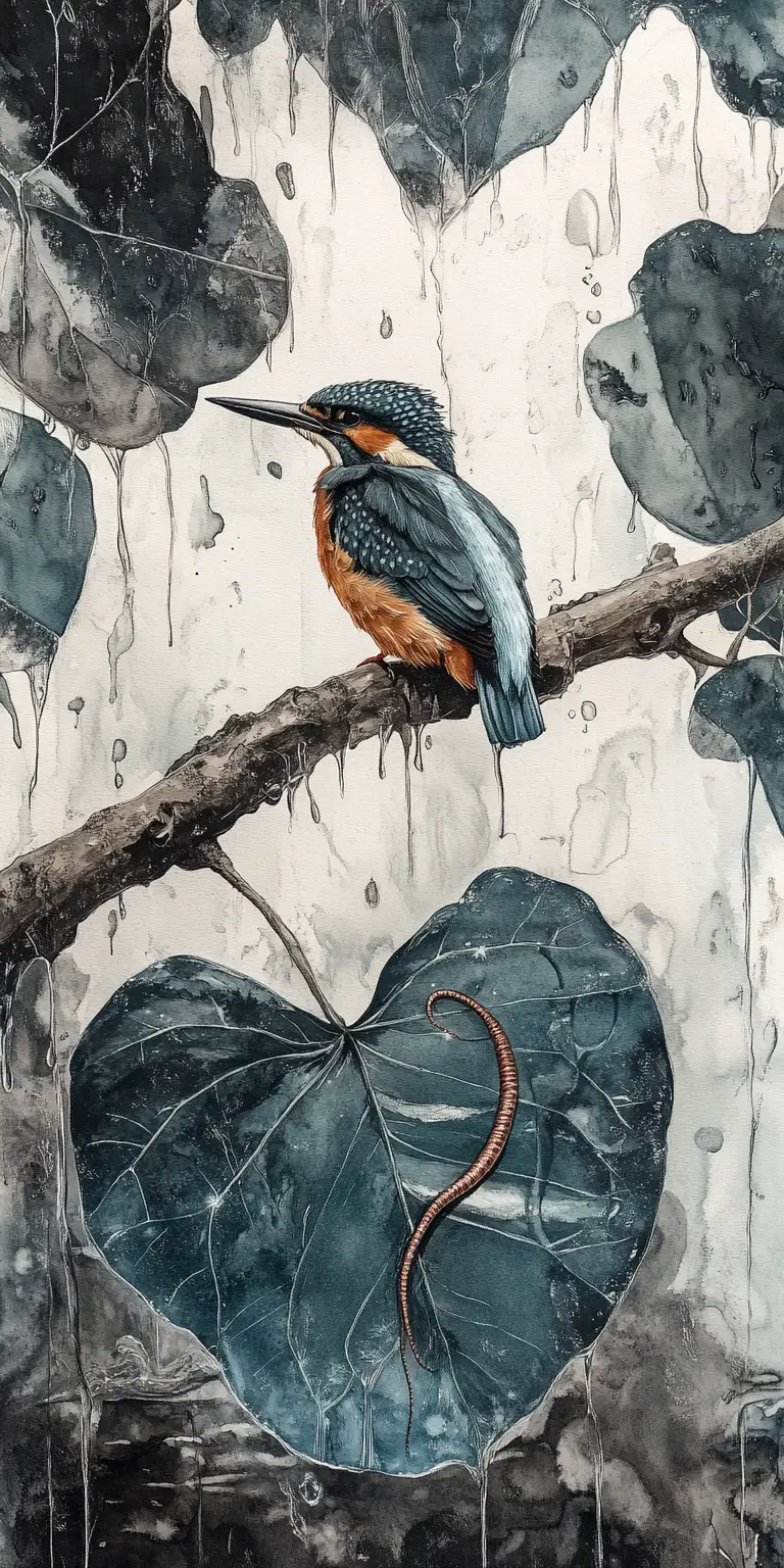 Surreal bird on twisted branch in gentle forest rain