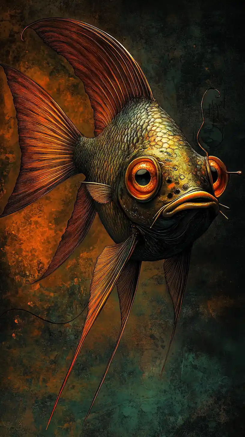 Surreal angelfish rising from a twisted dark abyss