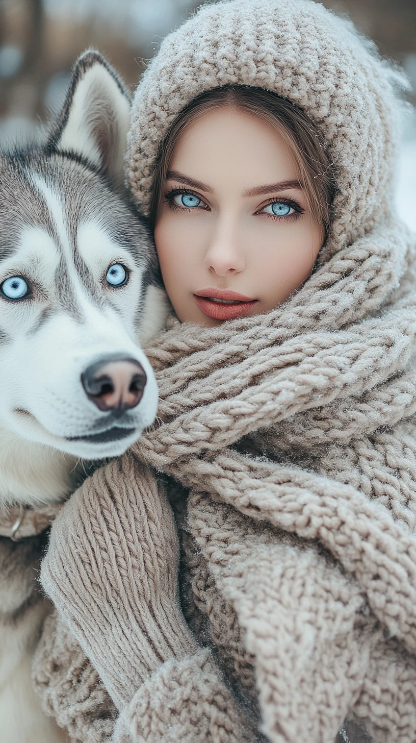Mujer elegante paseando a su husky en una mañana de invierno