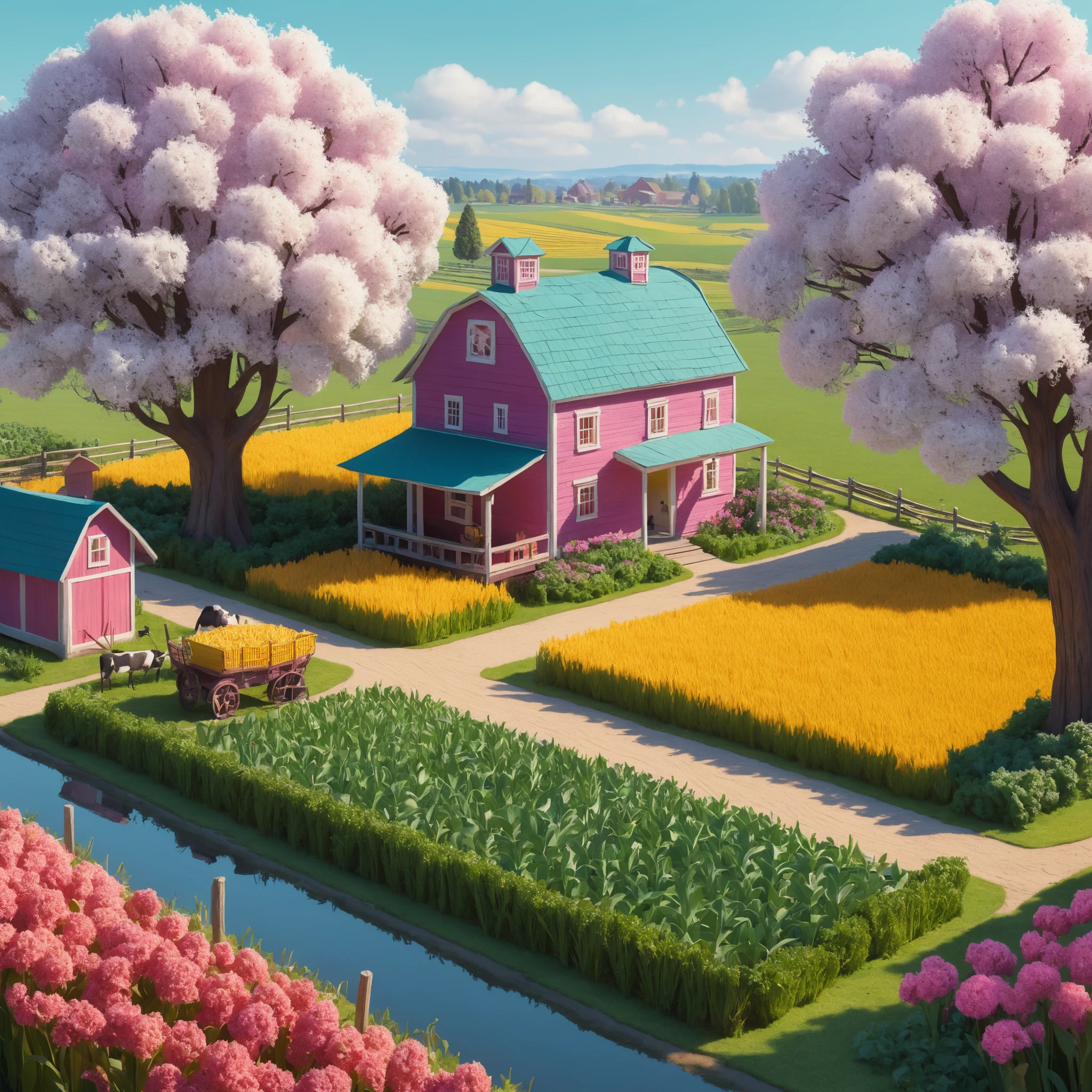 Colorful isometric farm fields with flowers and crops