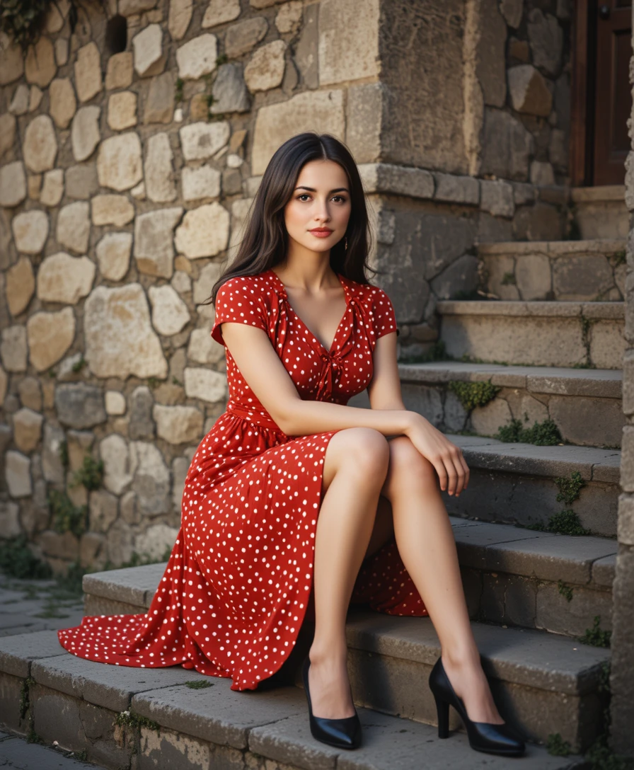 Elegant woman in red dress on ancient stone steps