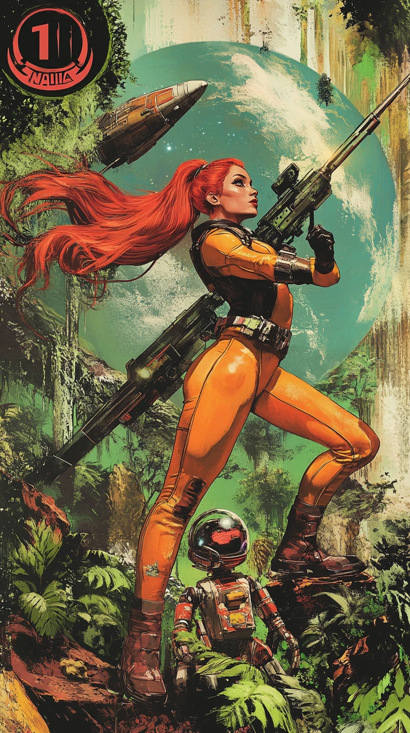 Nebula Girl in retro spacesuit on lush alien jungle world