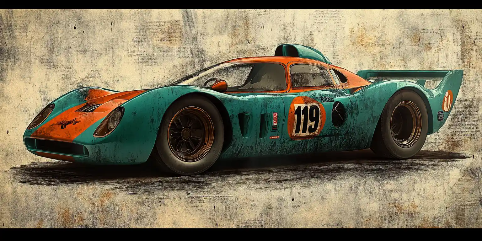Auto da corsa d’epoca color verde petrolio su sfondo monocromatico usurato