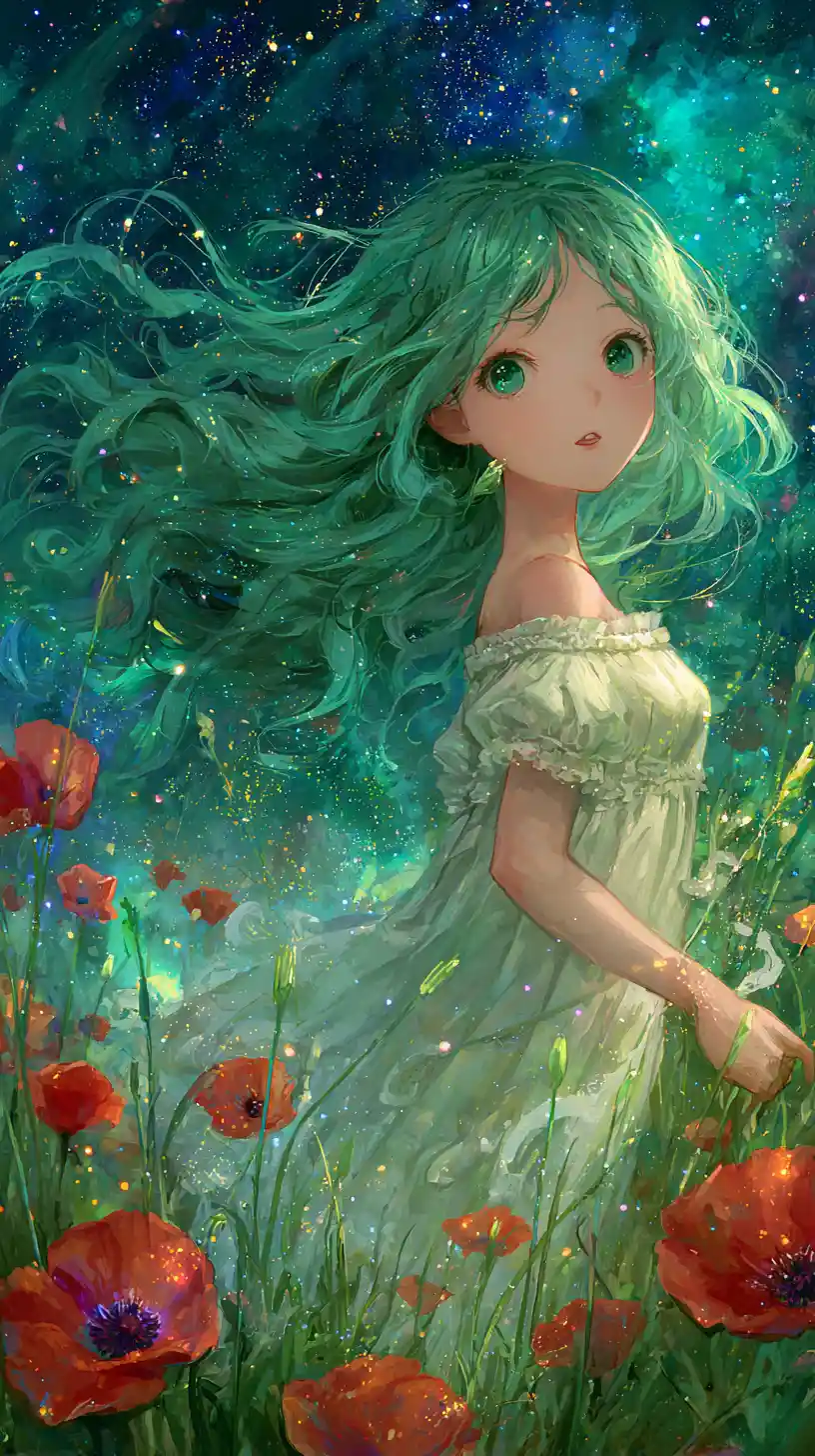 Anime fantasy girl in an enchanted cosmic meadow