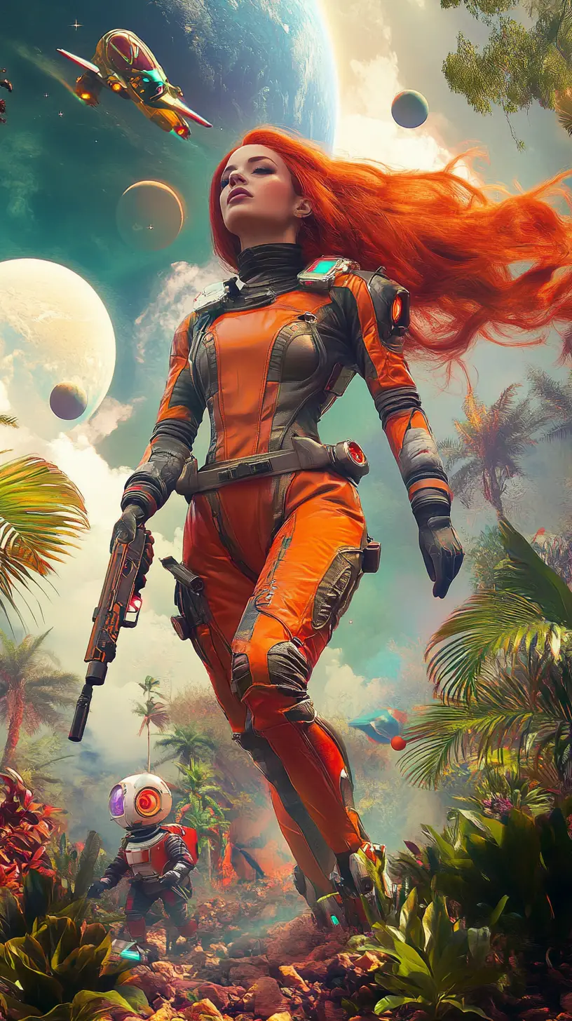 Red haired space woman in retro suit on jungle planet