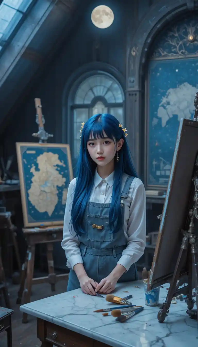 Anime girl in a moonlit attic art studio
