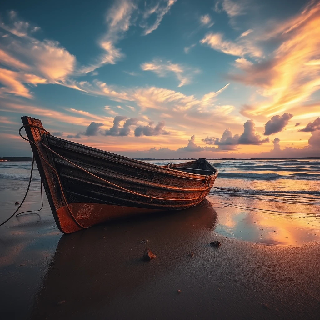 Weathered wooden fishing boat on wet river sand at sunset