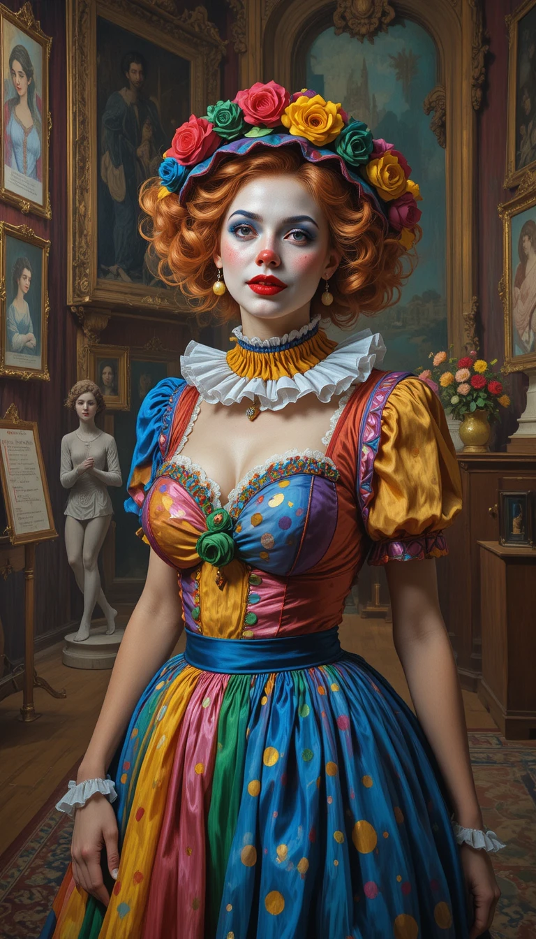 Clown donna giocosa in costume colorato dentro di un grande museo