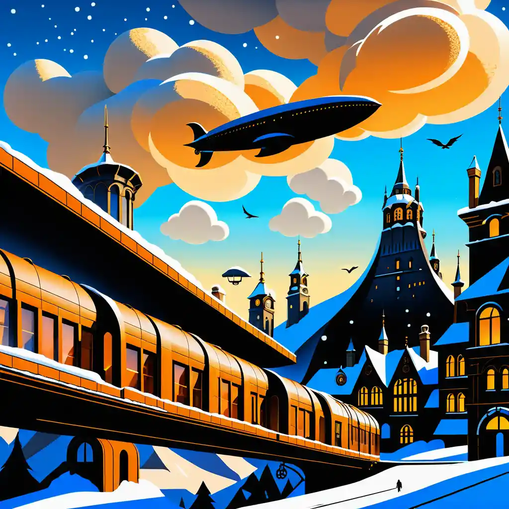 Ciudad steampunk invernal con fábrica gótica y dirigibles