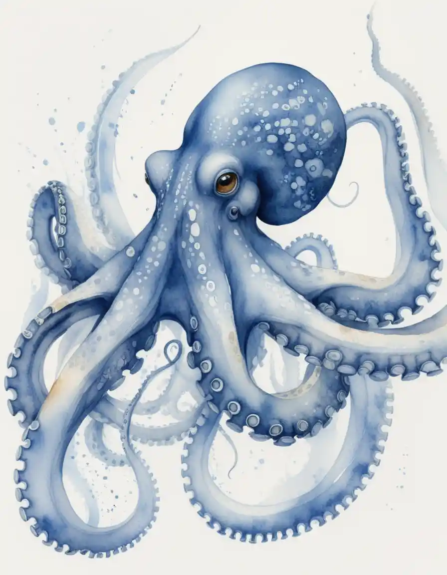 Blue watercolor octopus with flowing curling tentacles