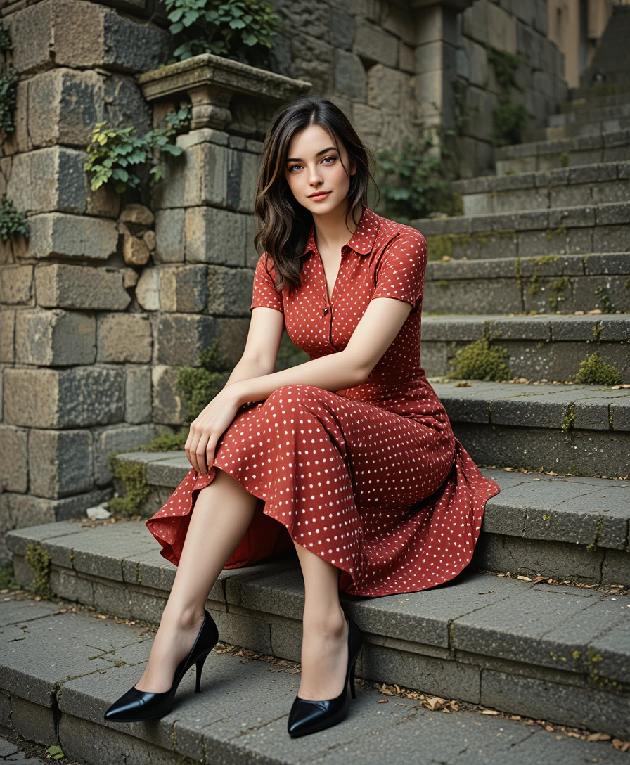 Elegante donna in abito rosso su antichi gradini di pietra