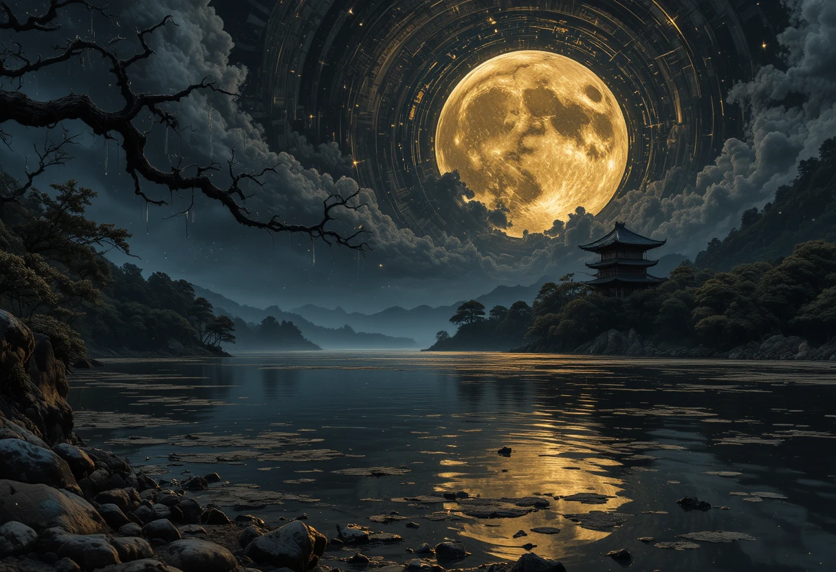 Massiver Vollmond leuchtet über einem dunklen japanischen See