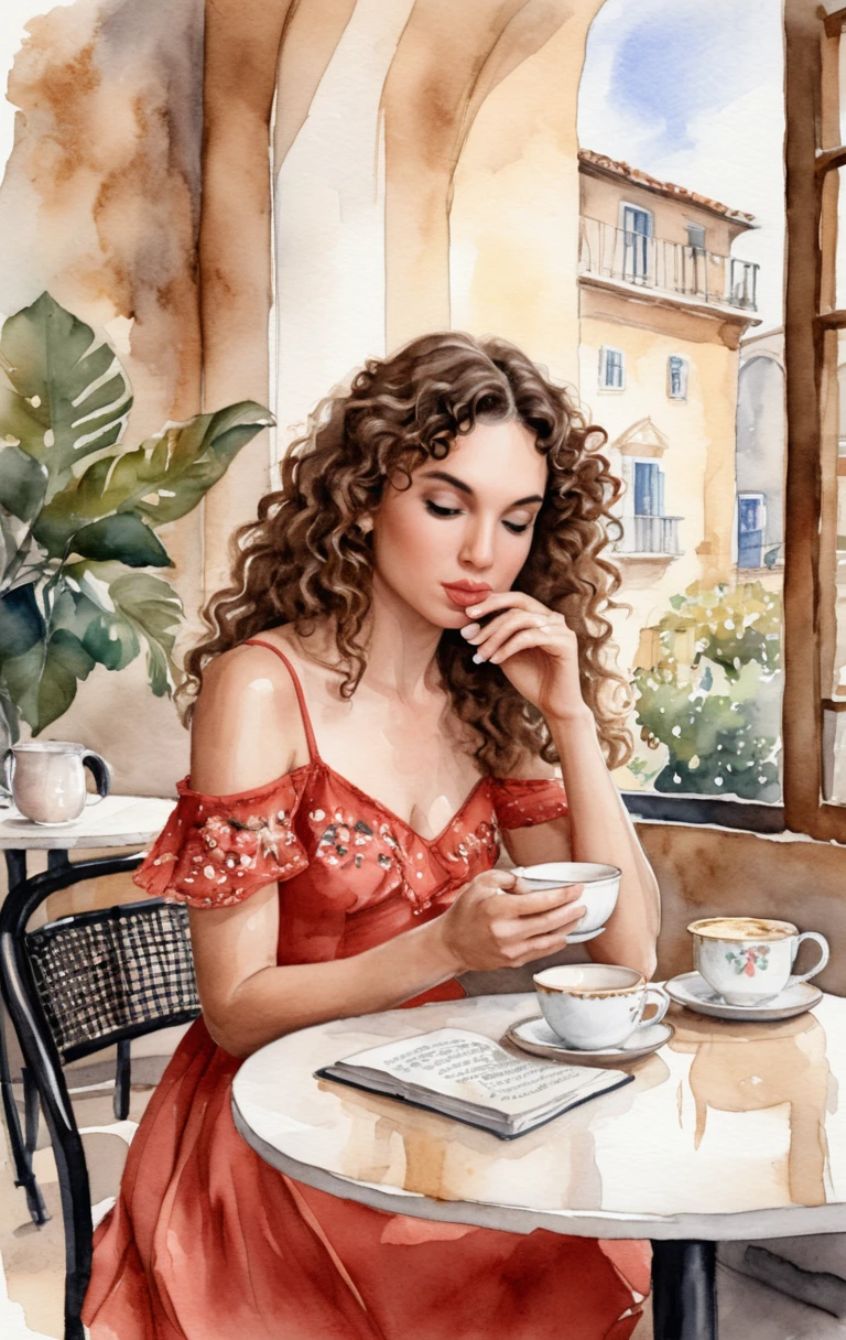 小さなカフェのテーブルで本を読む水彩画の少女