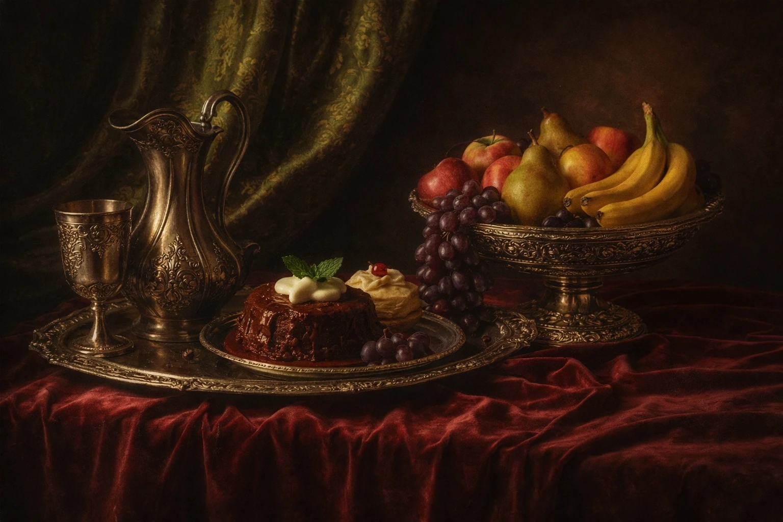 Barockes Stillleben mit Silbergeschirr, Obst und Kuchen