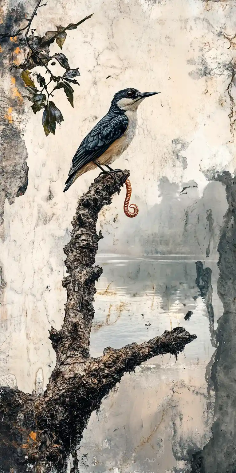 Surreal bird on gnarled branch in gentle forest rain