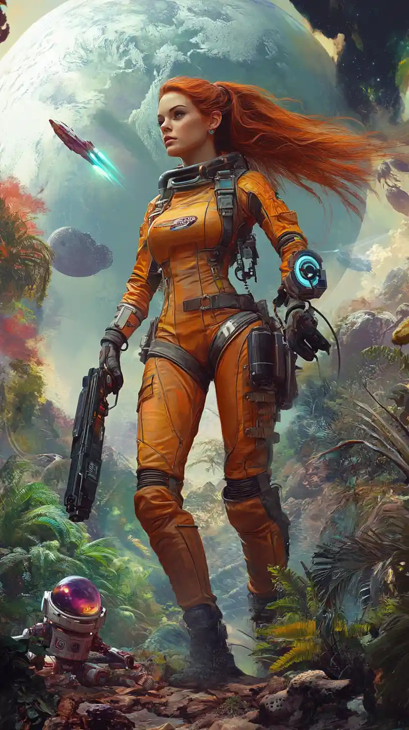 Futuristic space woman in orange suit on jungle world