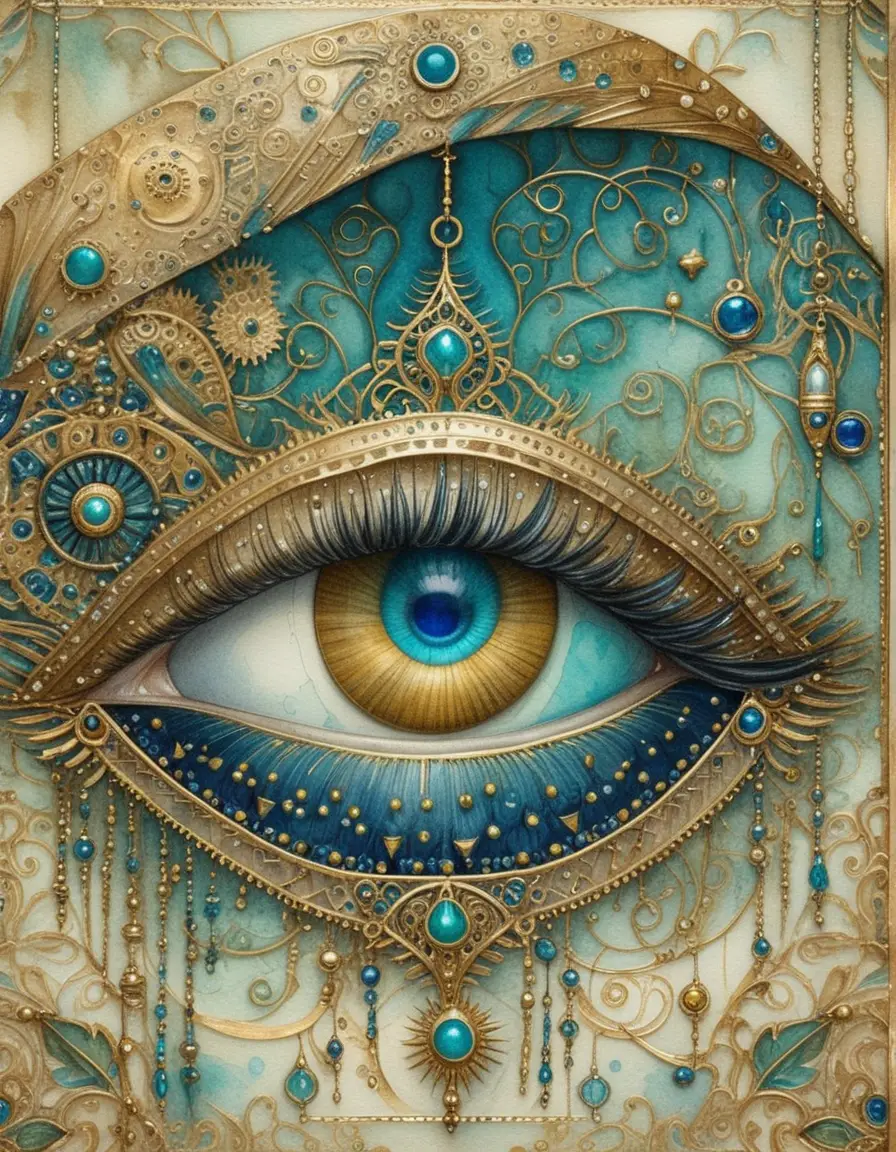 Turquoise human eye with ornate jeweled art nouveau details