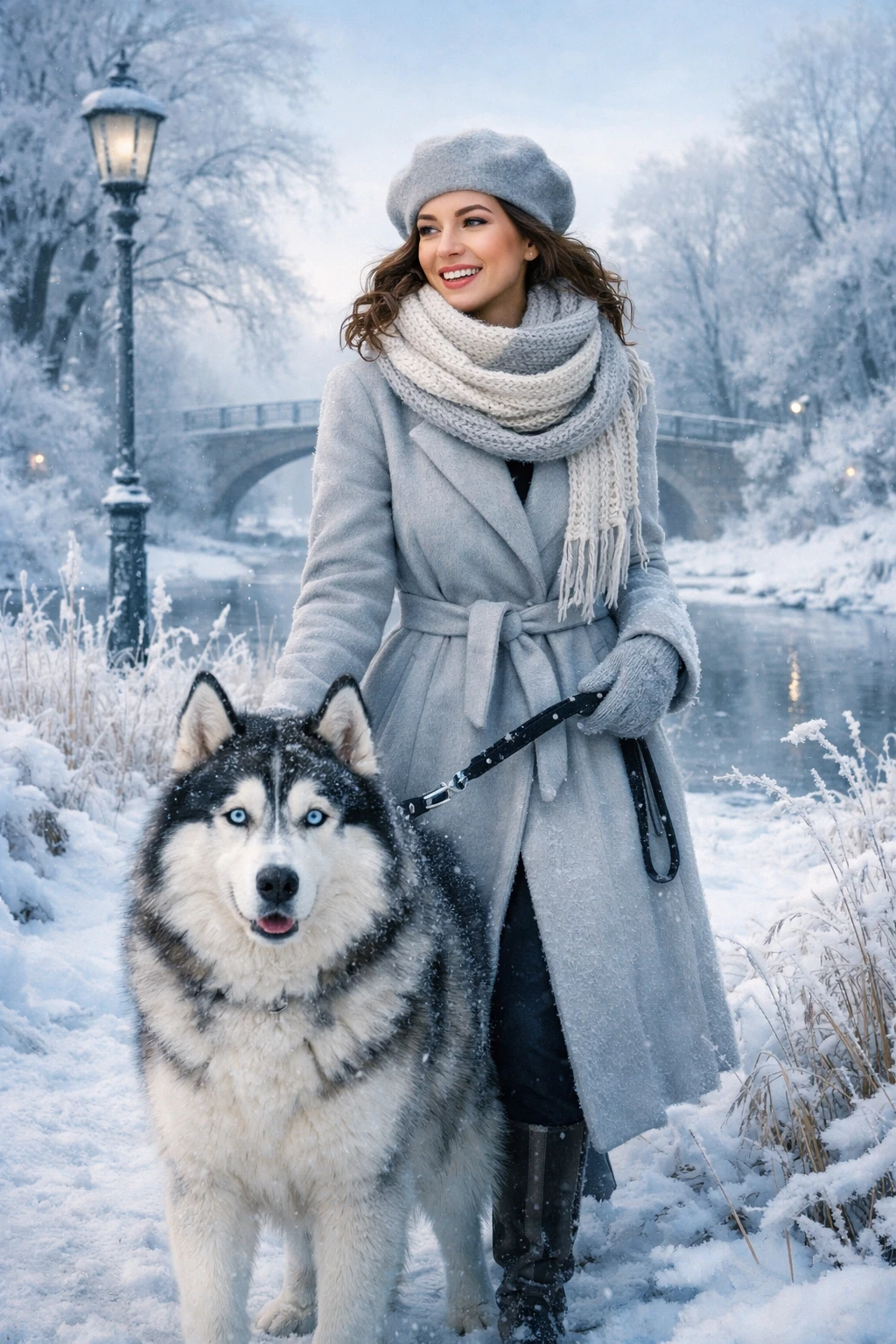 Mujer elegante paseando a su husky en una fría mañana de invierno