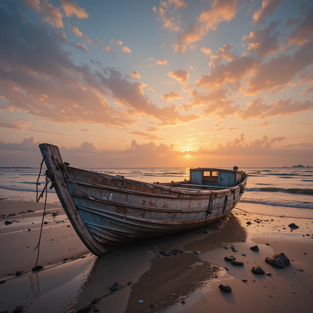 Weathered wooden fishing boat on wet river sand at sunset