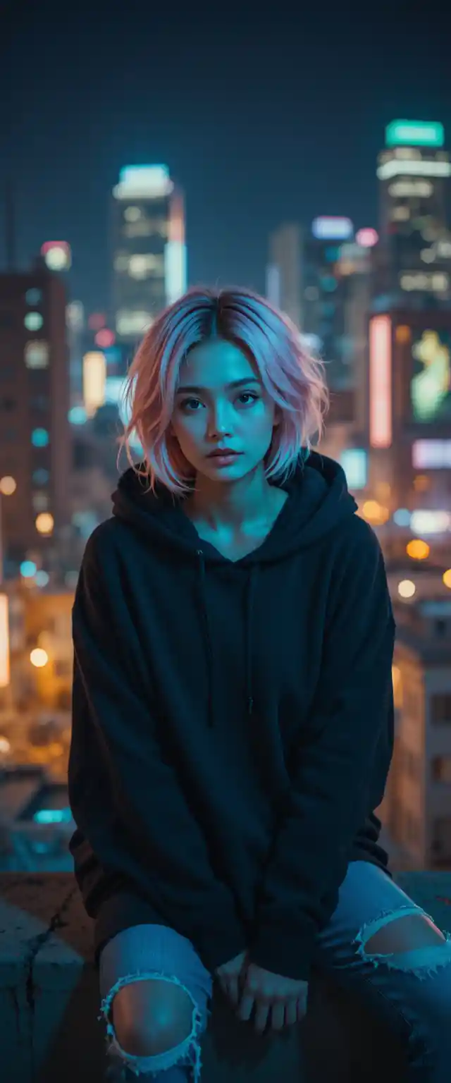 Retrato de joven en la azotea de la ciudad de noche