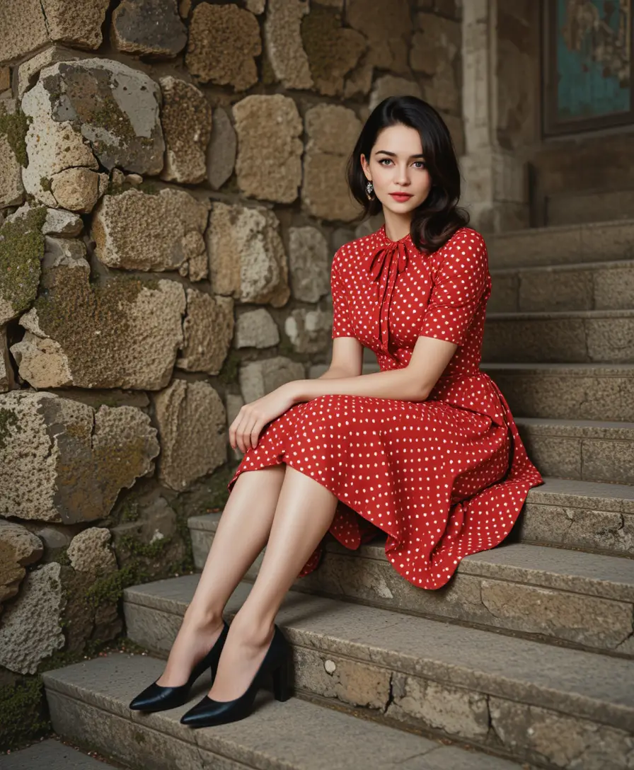 Mujer elegante con vestido rojo en escalones de piedra cubiertos de musgo