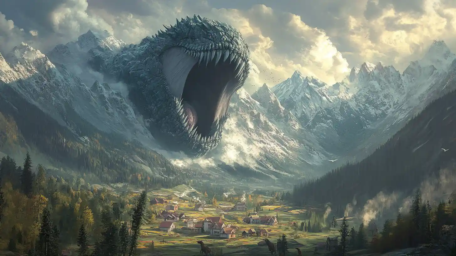 Colossal monster maw looming over a quiet mountain valley