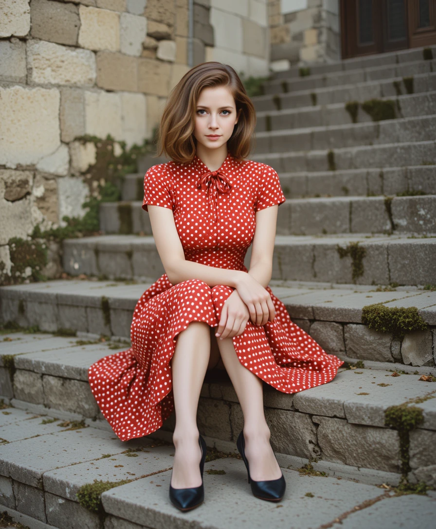 Elegante donna in abito rosso su antichi gradini di pietra