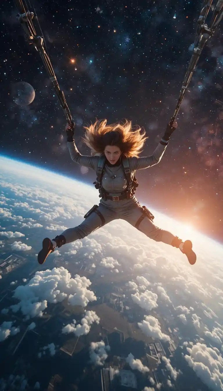 First person leap from outer space toward earth