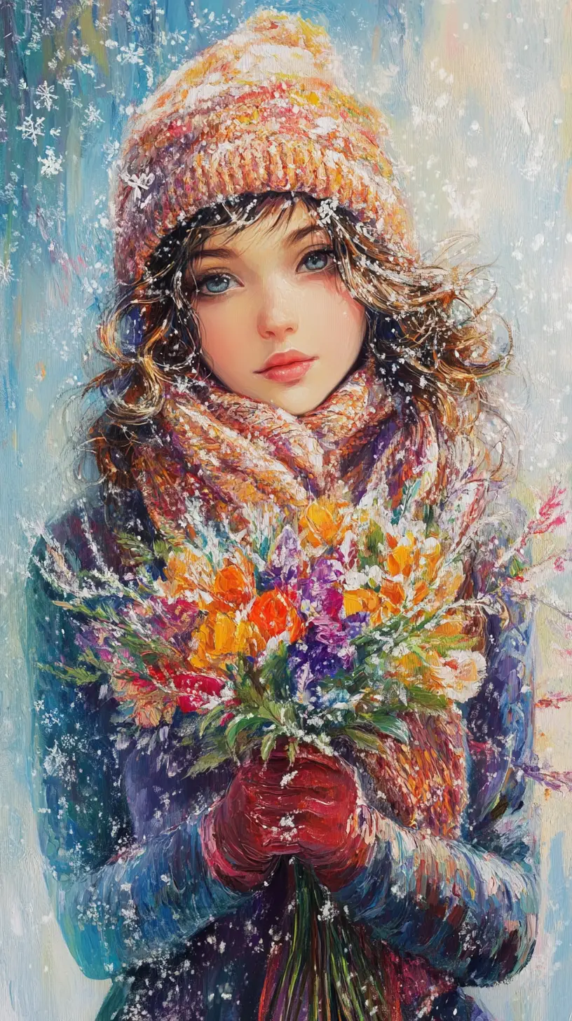 Cute girl with winter bouquet in pop art style