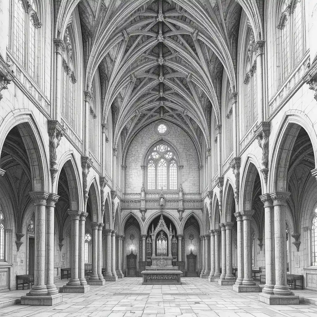 Gothic monastery interior in detailed graphite overhead drawing