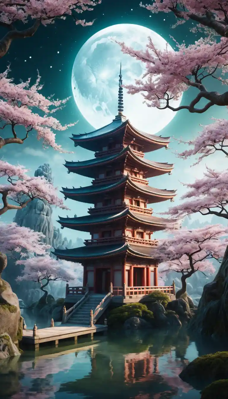Mystical pagoda temple beneath moonlit blooming sakura tree