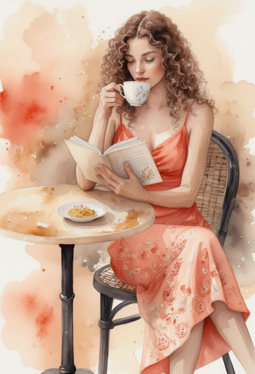 Donna elegante che legge a un piccolo tavolo da caffè ad acquerello