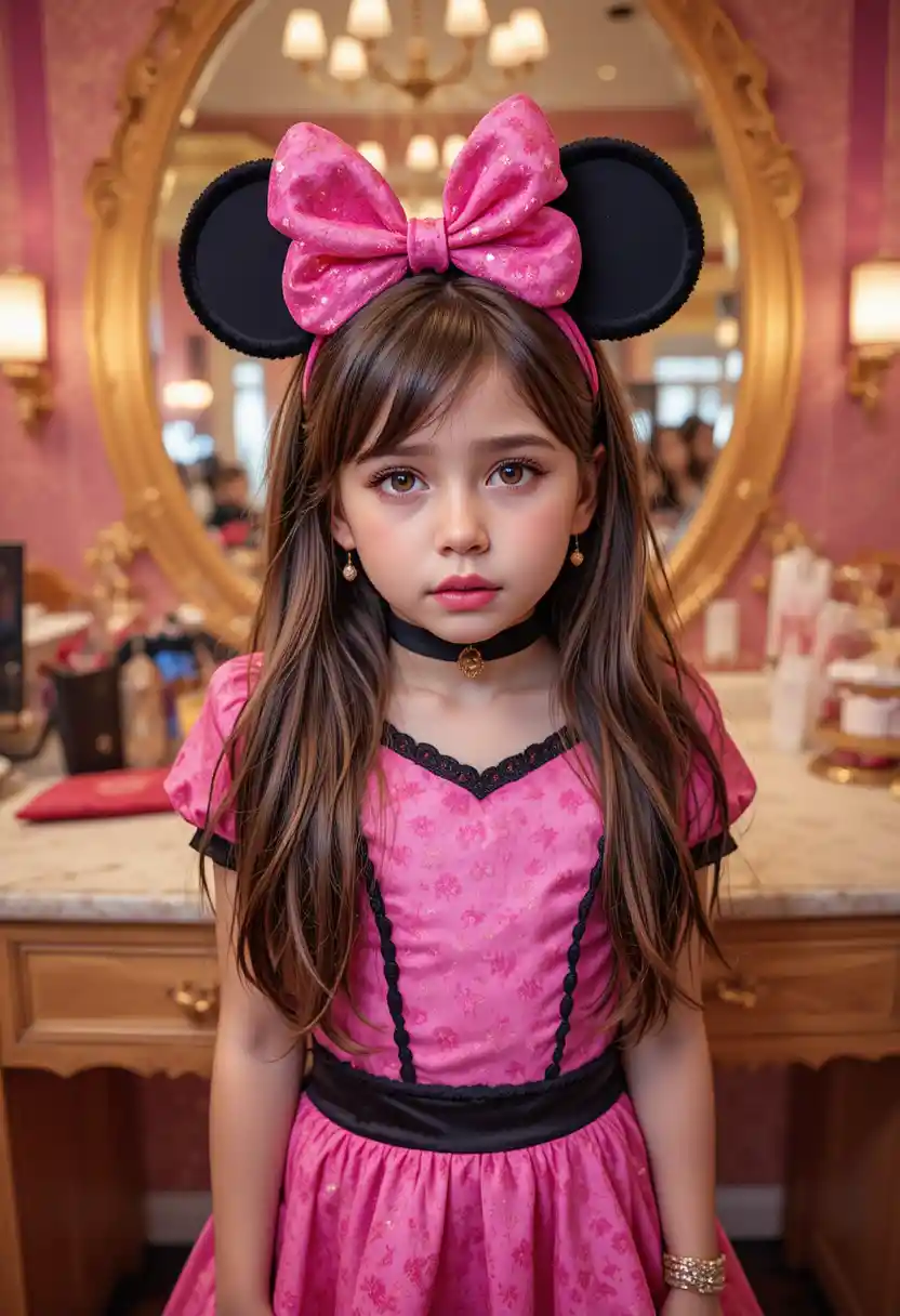 Chico preadolescente nervioso con atuendo de Minnie en tocador de boutique