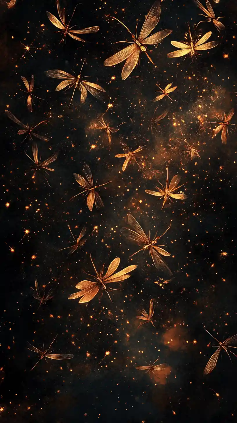 Swarm of glowing fireflies forming a surreal night constellation